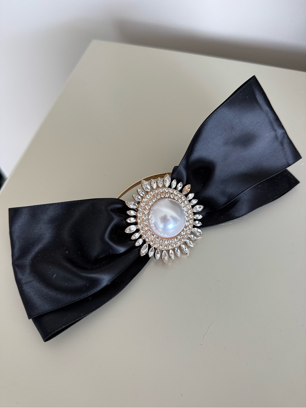 Lovers and friends Black Satin Bow Hair Clip with Pearl and Crystal Accent